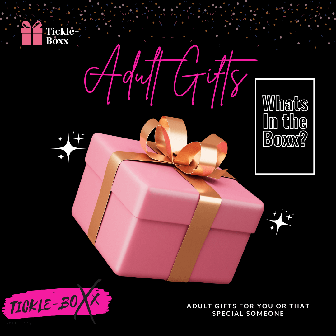 Gift box with bow, Adult Gifts text 'What's in the Box?'