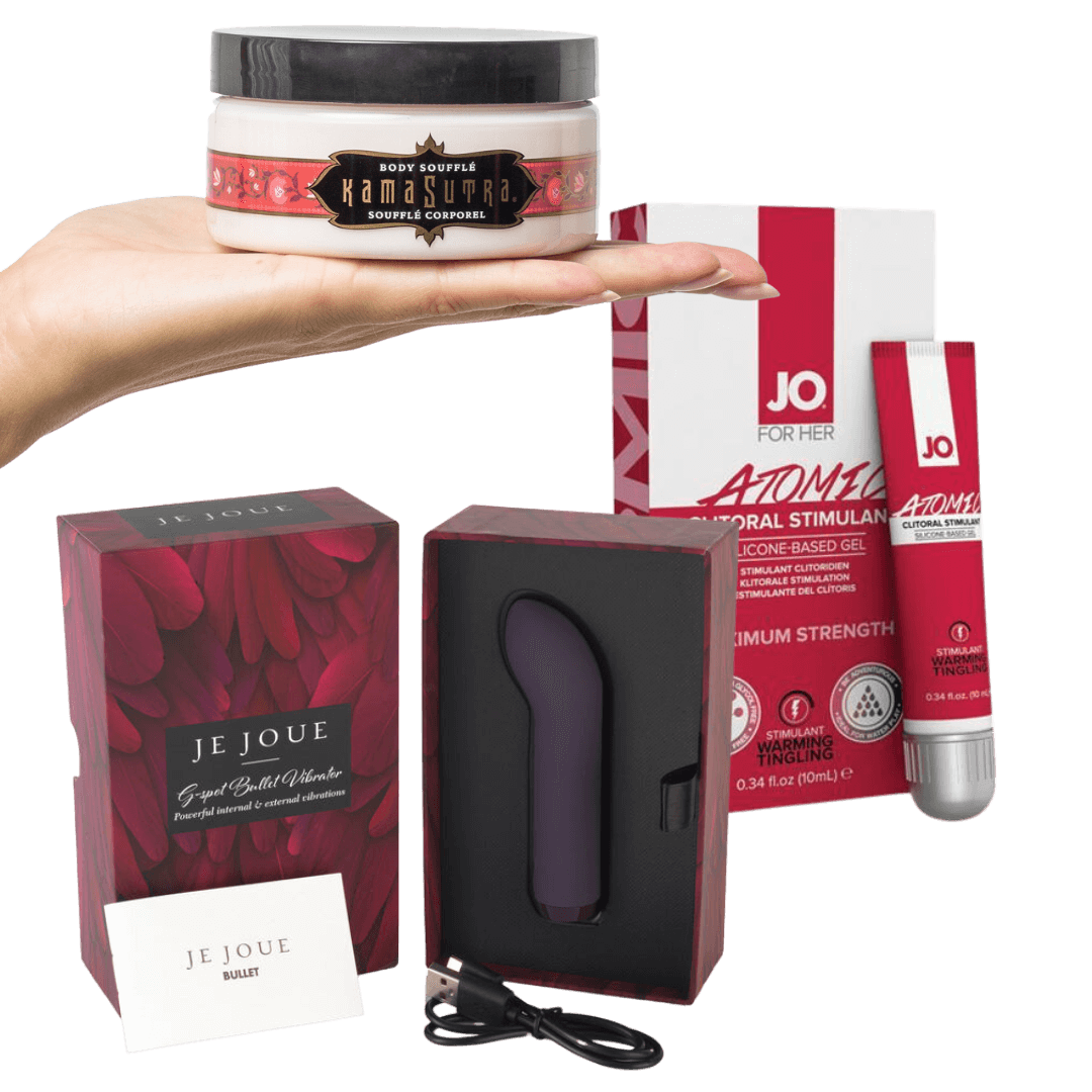 Sexy Bundle – For Her | Je Joue G-Spot Bullet + JO Atomic Clitoral Gel + Kama Sutra Strawberry Crème Soufflé (Save 30 % & Free Shipping)