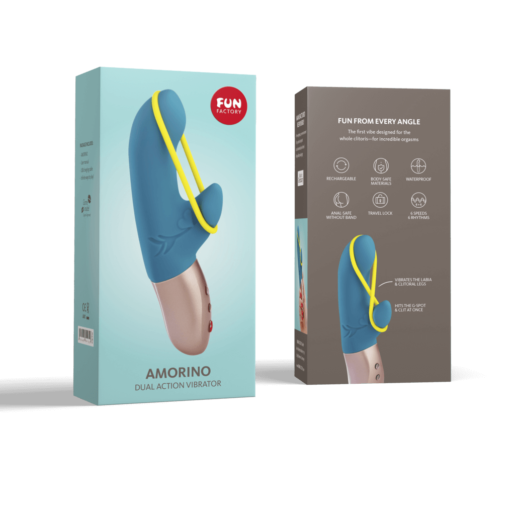 AMORINO mini vibe packaging showcasing dual action clit, G-spot, and labia vibration with removable band and quiet motor.