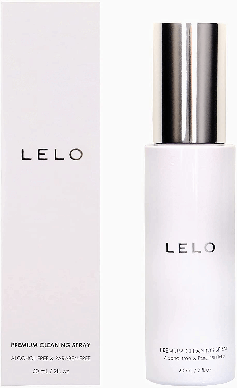 Closeup of LELO Toy Cleaning Spray and package-Alcohol Free-Paraben Freeents