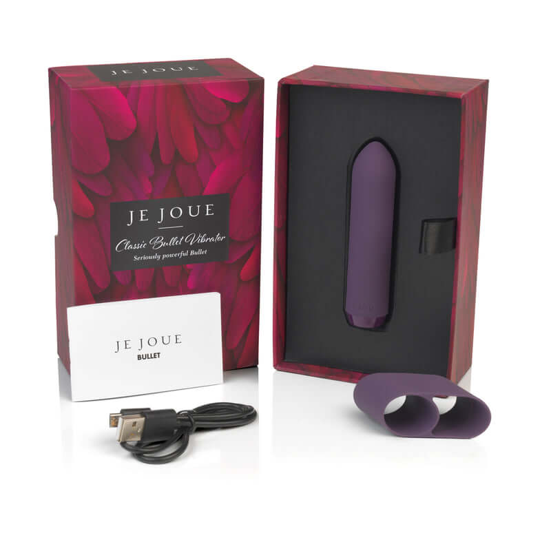 Je Joue Classic Bullet Vibrator with box, USB charger, and finger sleeve, available at Tickle-Boxx.
