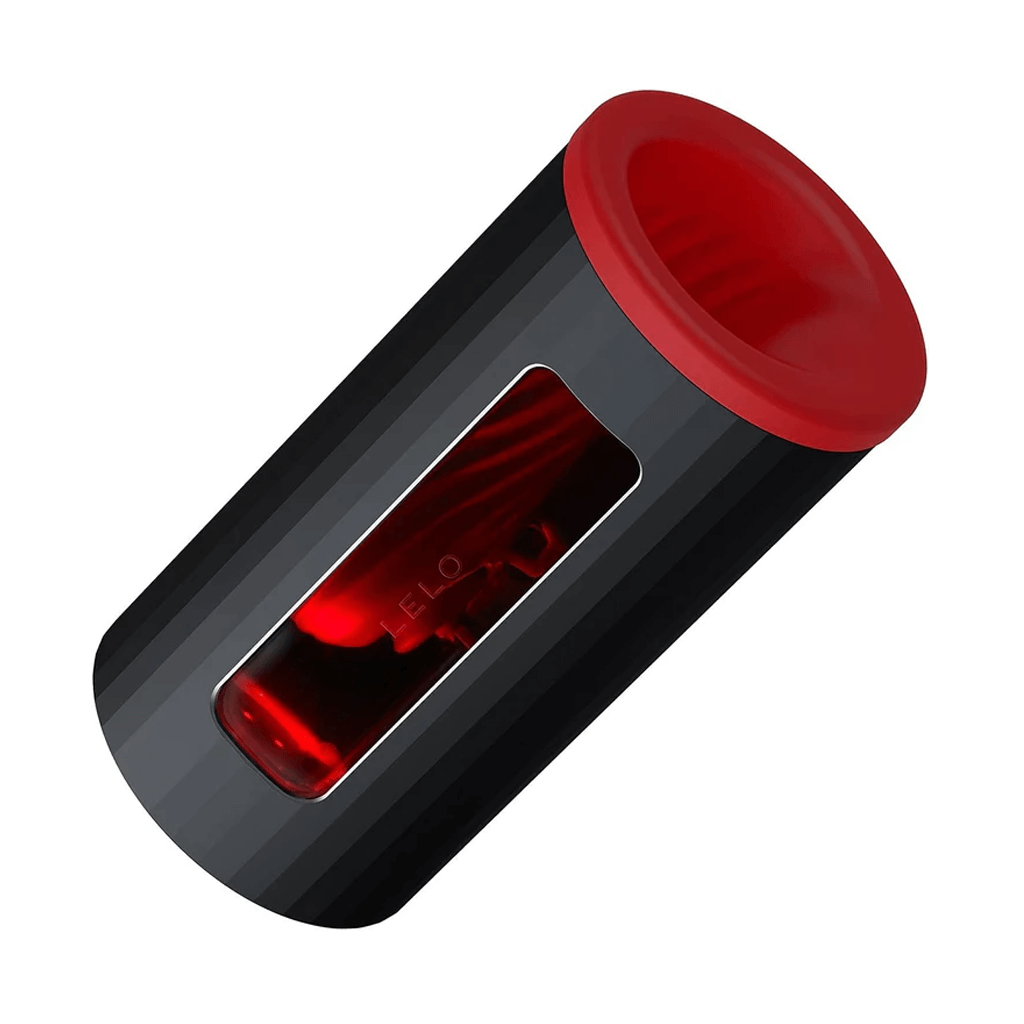 LELO F1S V2X red male masturbation vibrator shown with insertion end upward to the left