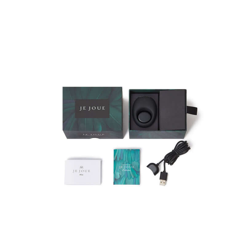 Je Joue Mio Silicone Vibrating Cock Ring in box with charger and manual, available at Tickle-Boxx.