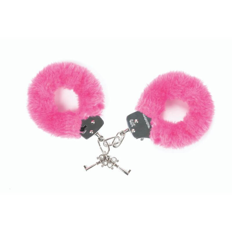 Pink faux-fur lined handcuffs for couples bondage play
