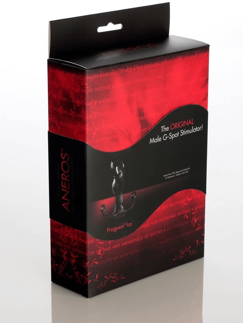 Aneros Progasm Prostate Massager Black Ice packaging, hands-free pivot design for P-spot stimulation, available at Tickle-boxx.