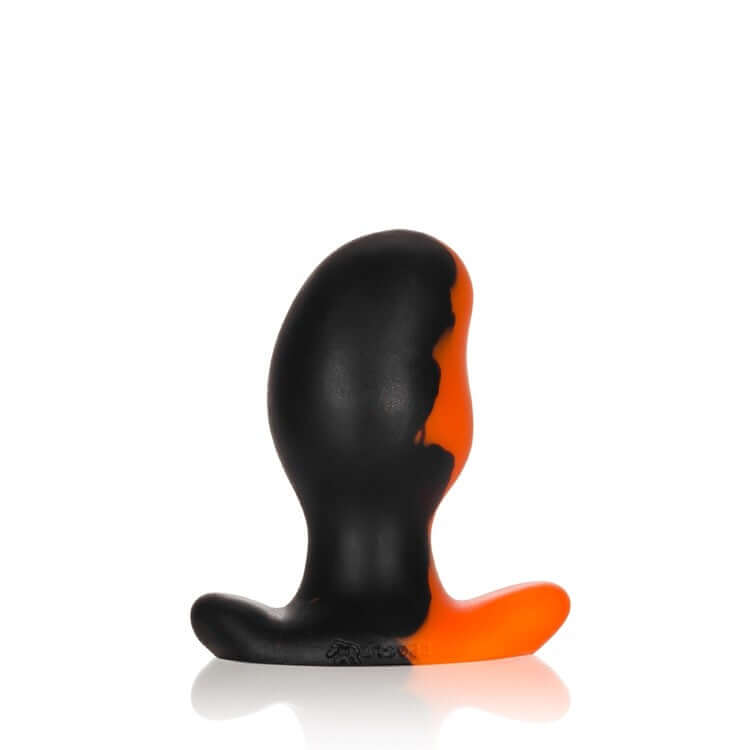 ERGO buttplug medium size in black and orange swirl, made from pure platinum silicone for comfort and style.