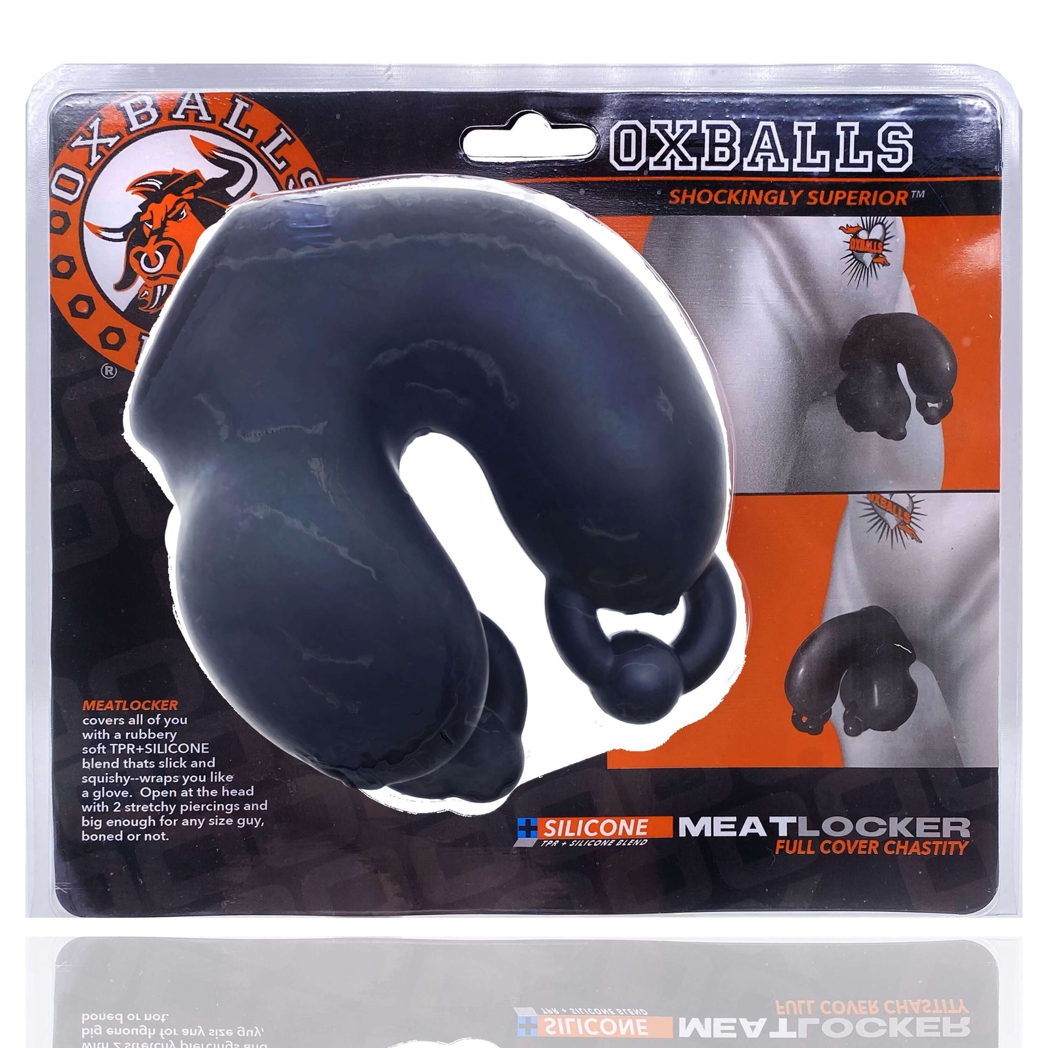 Oxballs MEATLOCKER Chastity Glove packaging showcasing full cover design and silicone material.
