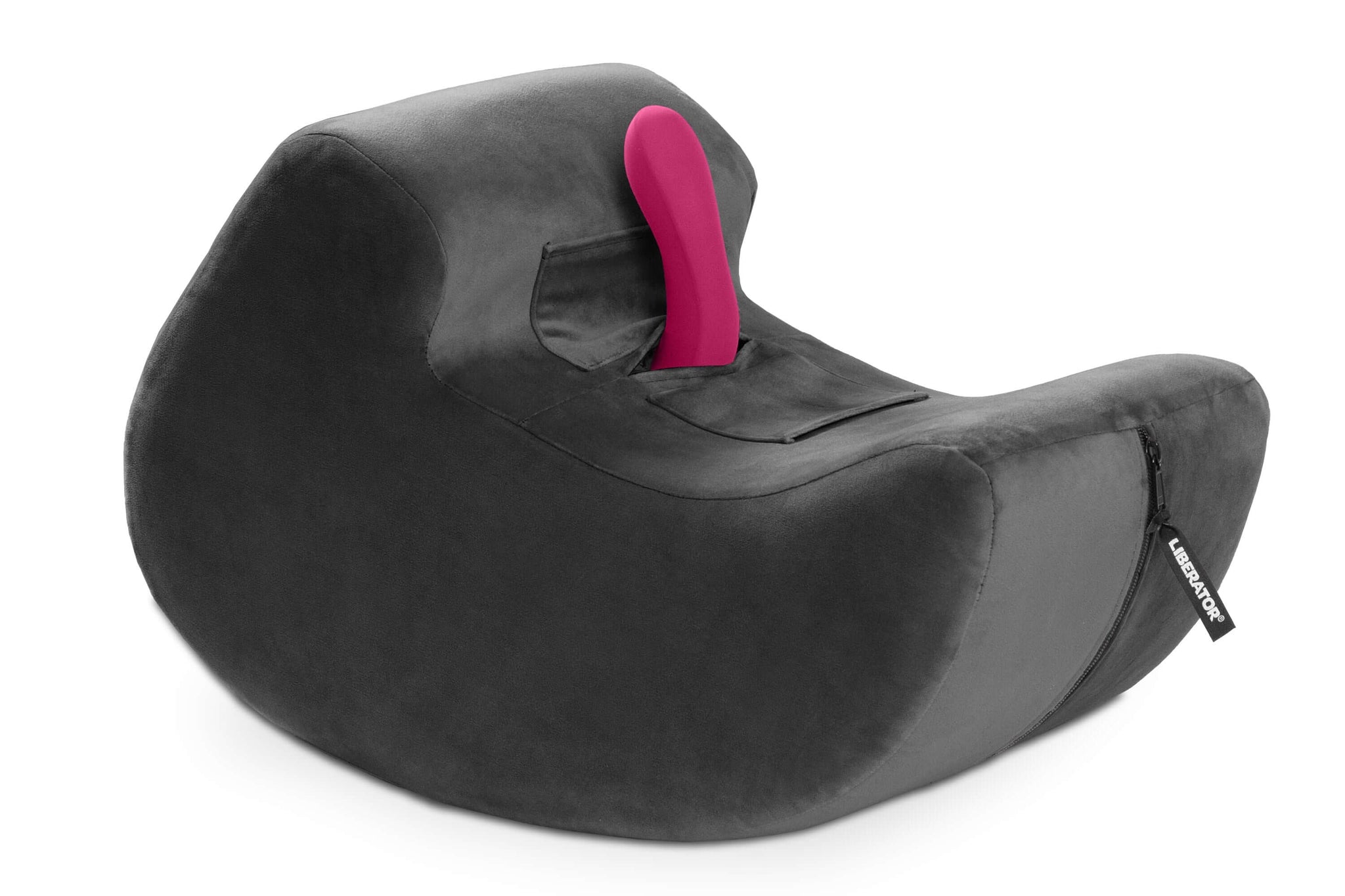 Pulse Sex Toy Mount in black velvet with pink toy, featuring pockets for vibes and dildos, soft cover, and rocking motion for hands-free play.