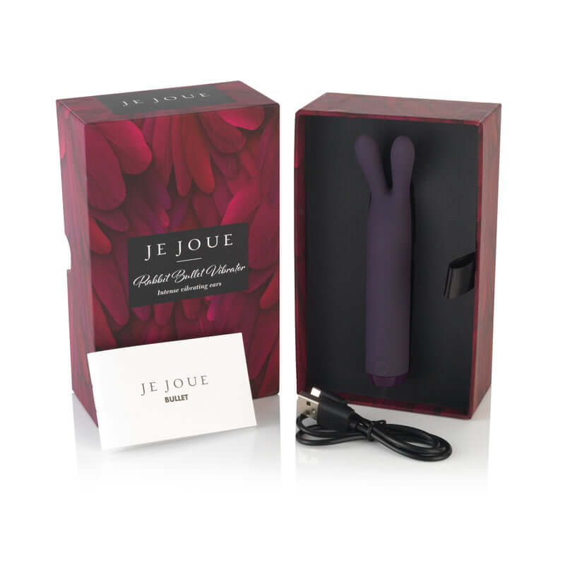 Je Joue Rabbit Bullet Vibrator in box with USB charger. Purple dual stimulation design for G-spot and clitoral pleasure, Tickle-Boxx.