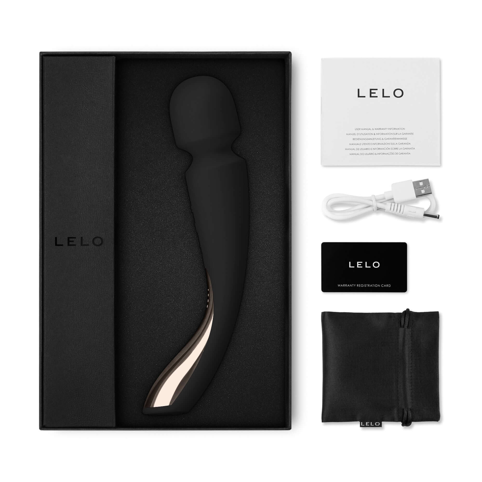 LELO Medium Smart Wand-2 Massager - Black-shown as an open box display with USB charger and storage bag