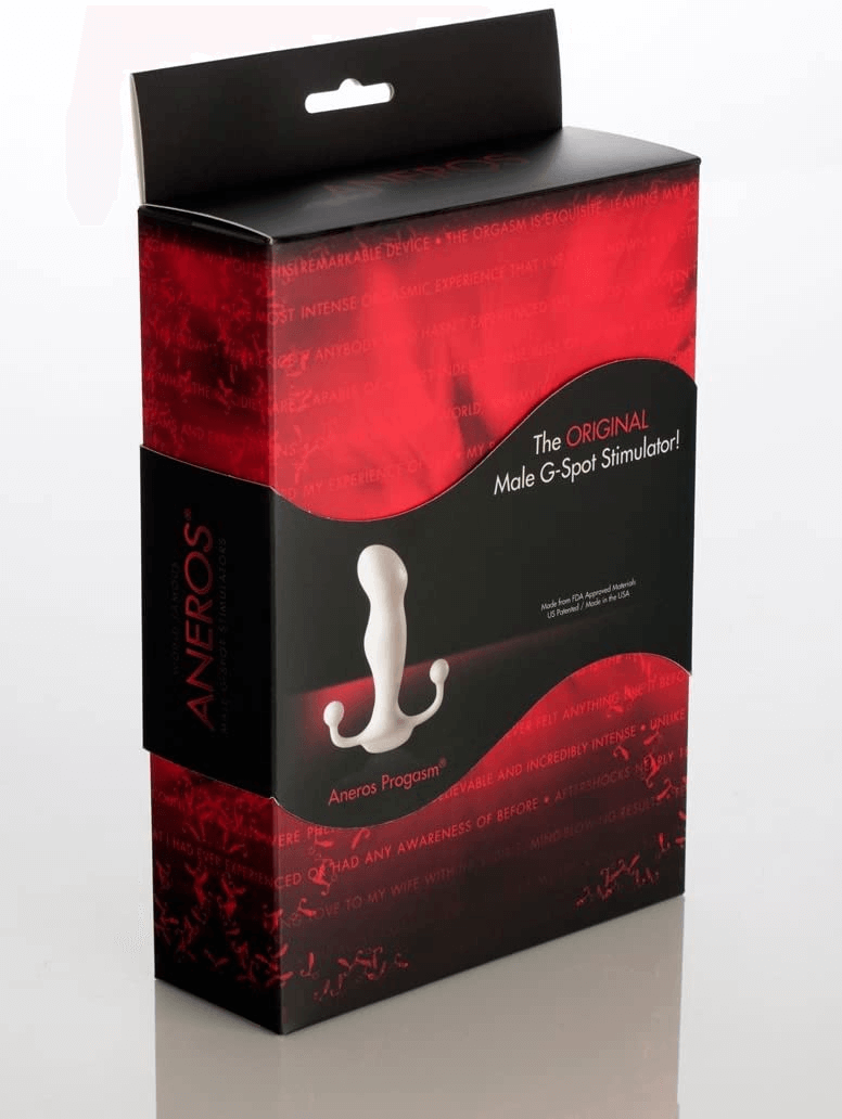 Aneros Progasm Massager packaging featuring prostate stimulation device for hands-free pleasure.
